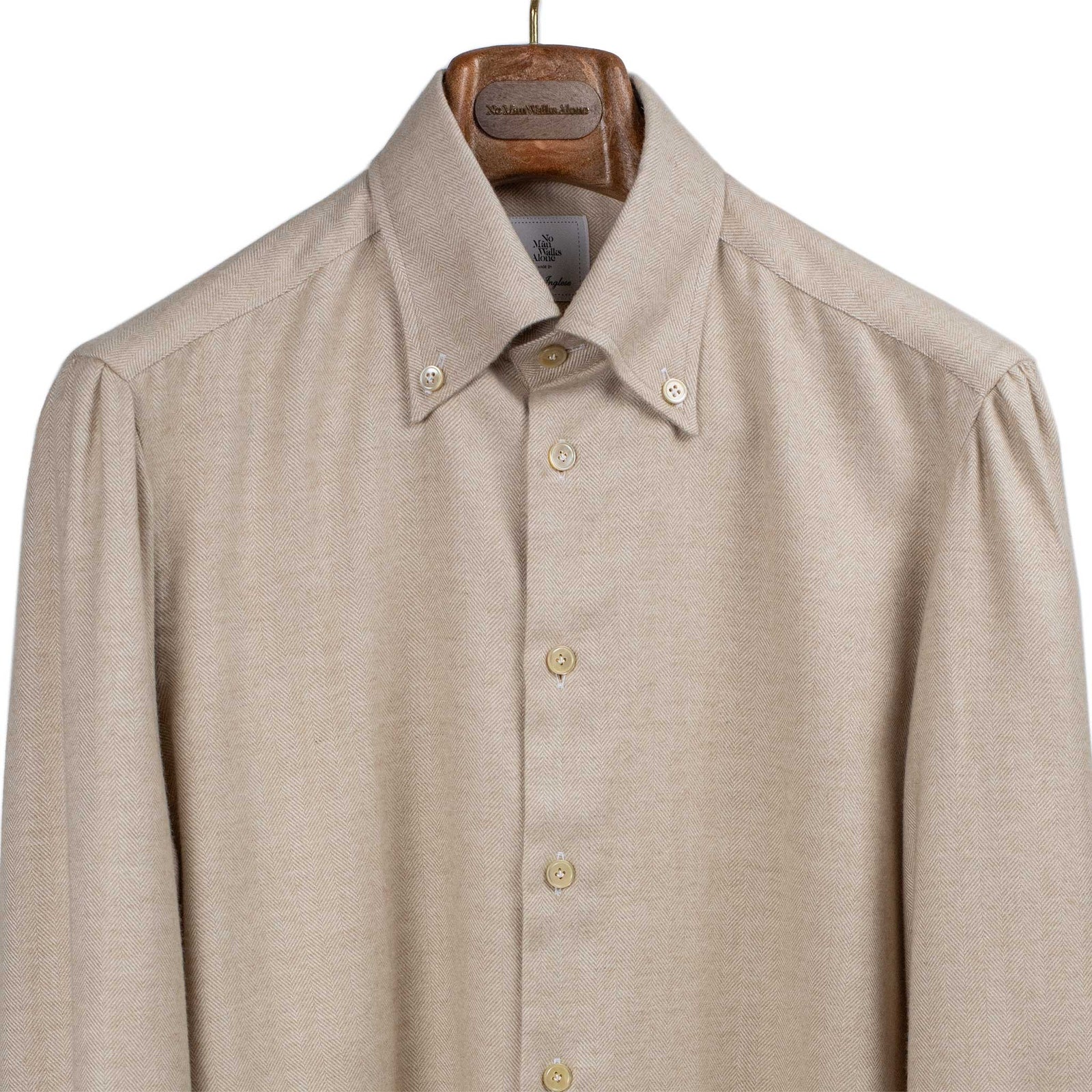 Buttoned Collar Shirt In Beige Cotton Herringbone Soft Flannel