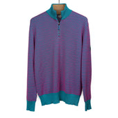 Half-zip sweater in fuchsia and petrol two-tone bubble stitch merino wool