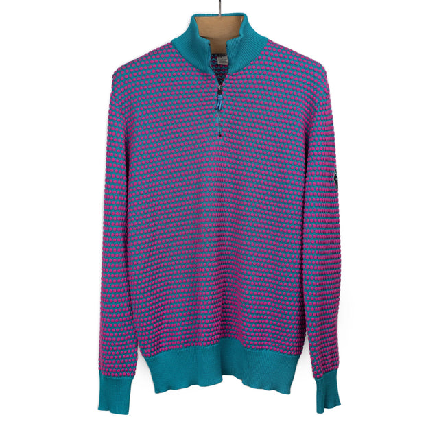Half-zip sweater in fuchsia and petrol two-tone bubble stitch merino wool