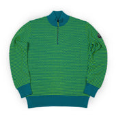 Half Zip Sweater In Green And Petrol Blue Two Tone Bubble Stitch Merino Wool