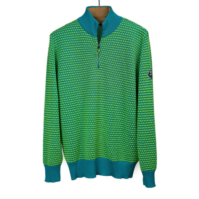 Half-zip sweater in green and petrol blue two-tone bubble stitch merino wool