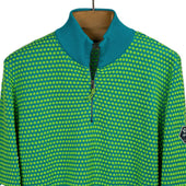 Half Zip Sweater In Green And Petrol Blue Two Tone Bubble Stitch Merino Wool