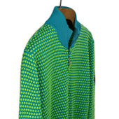 Half Zip Sweater In Green And Petrol Blue Two Tone Bubble Stitch Merino Wool