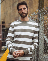 11oz Cotton Knit Long-Sleeved Sweater - Grey/White