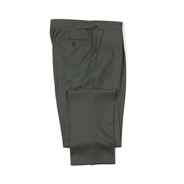 x Sartoria Carrara: side tab trousers in Fox Bros dark sage green worsted flannel (separates)