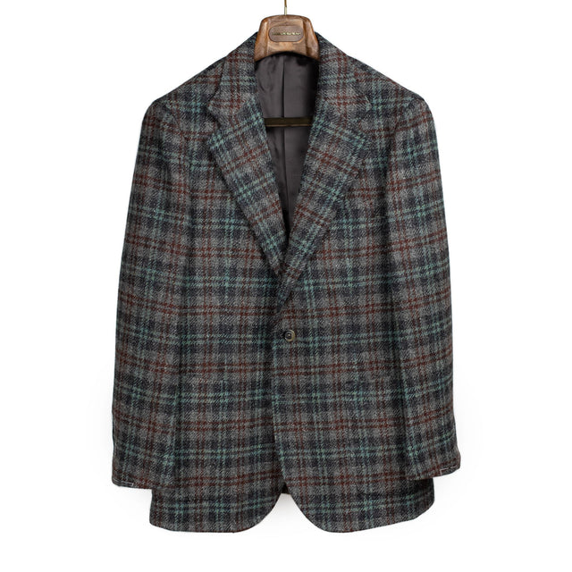 x Sartoria Carrara: sport coat in Lovat grey, maroon and aqua plaid tweed