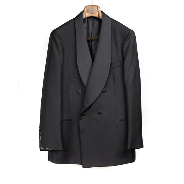 x Sartoria Carrara: double-breasted shawl collar tuxedo jacket in Drapers black wool and mohair barathea (separates)