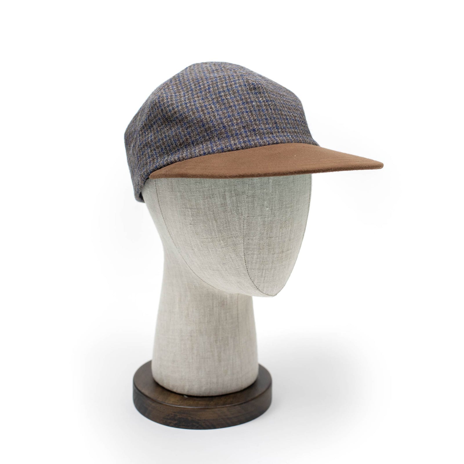 Five Panel Cap In And Blue Check Wool Mix Microsuede Bill