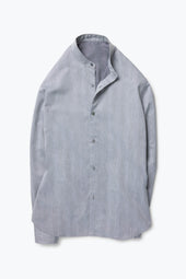 Band Collar Shirt (Washed Indigo with Pearl Stripe Cotton Silk Slub)