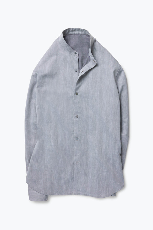 Band Collar Shirt (Washed Indigo with Pearl Stripe Cotton Silk Slub)