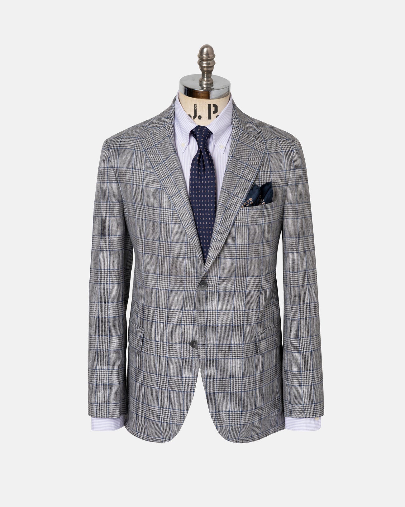 Grey Blue Glen Plaid Pure Linen Sport Coat Trim Fit