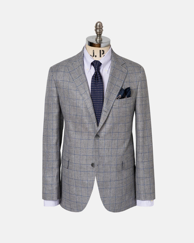 Grey Blue Glen Plaid Pure Linen Sport Coat Trim Fit