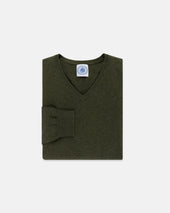 Dark Green Cotton Cashmere V Neck Sweater