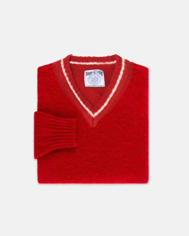 Made In Scotland Red Shaggy Dog V Neck Sweater Trim Fit