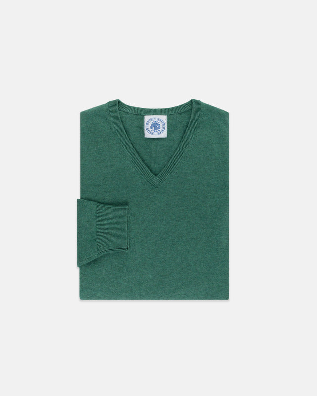 Green Cotton Cashmere V Neck Sweater