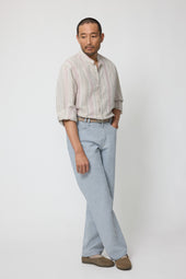 Band Collar Shirt Multi Stripe Linen Silk Slub