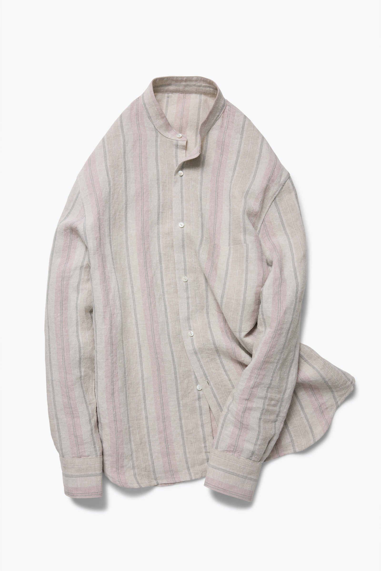 Band Collar Shirt Multi Stripe Linen Silk Slub