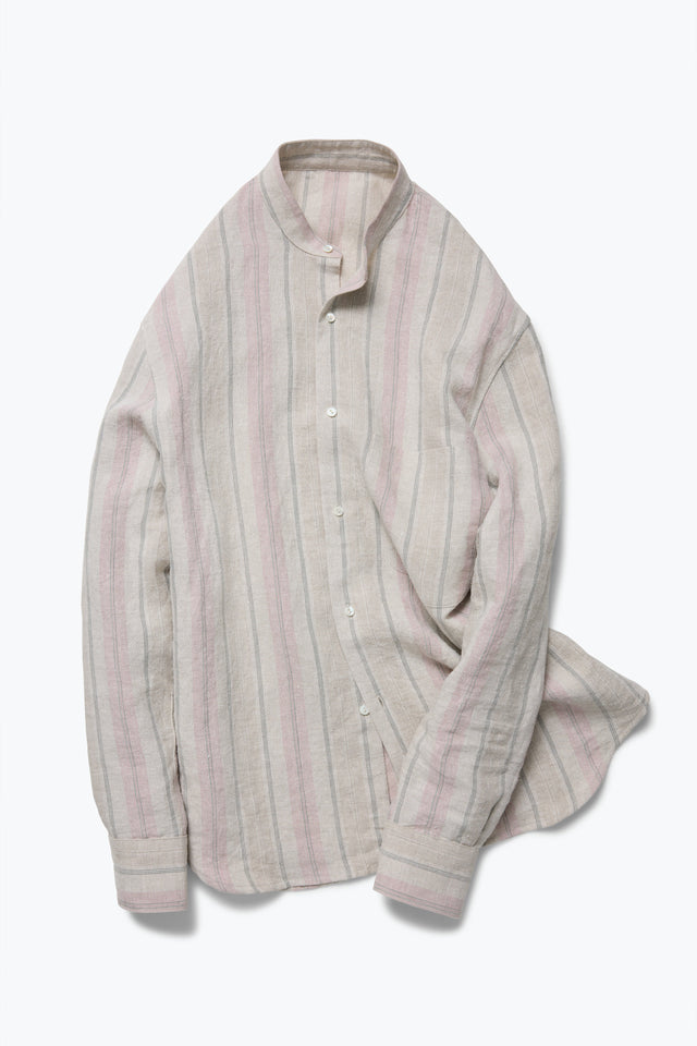 Band Collar Shirt (Taupe Multi Stripe Linen Silk Slub)
