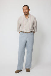 Band Collar Shirt Multi Stripe Linen Silk Slub