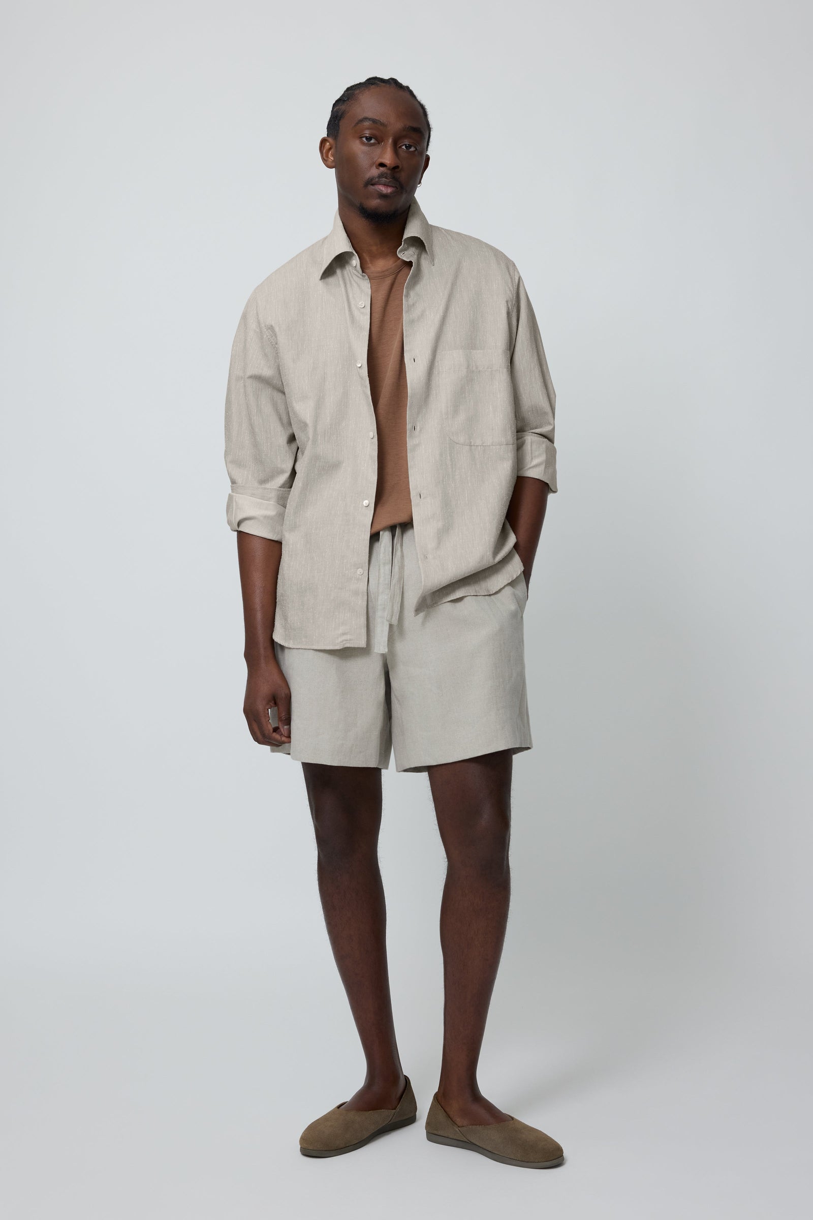 Spread Collar Shirt Cotton Silk Slub