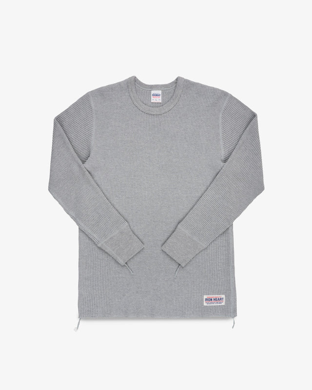 Waffle Knit Long Sleeved Crew Neck Thermal Top - Grey