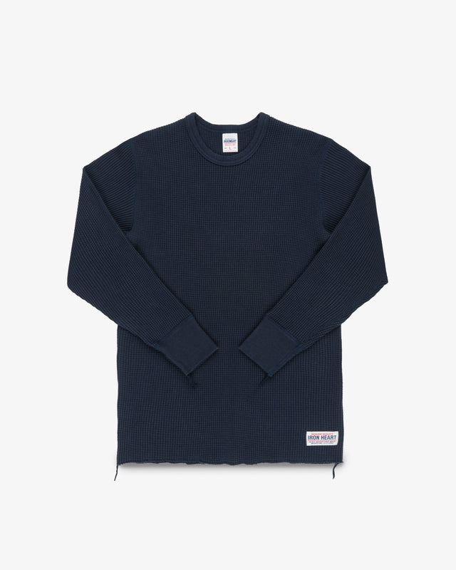 Waffle Knit Long Sleeved Crew Neck Thermal Top - Navy