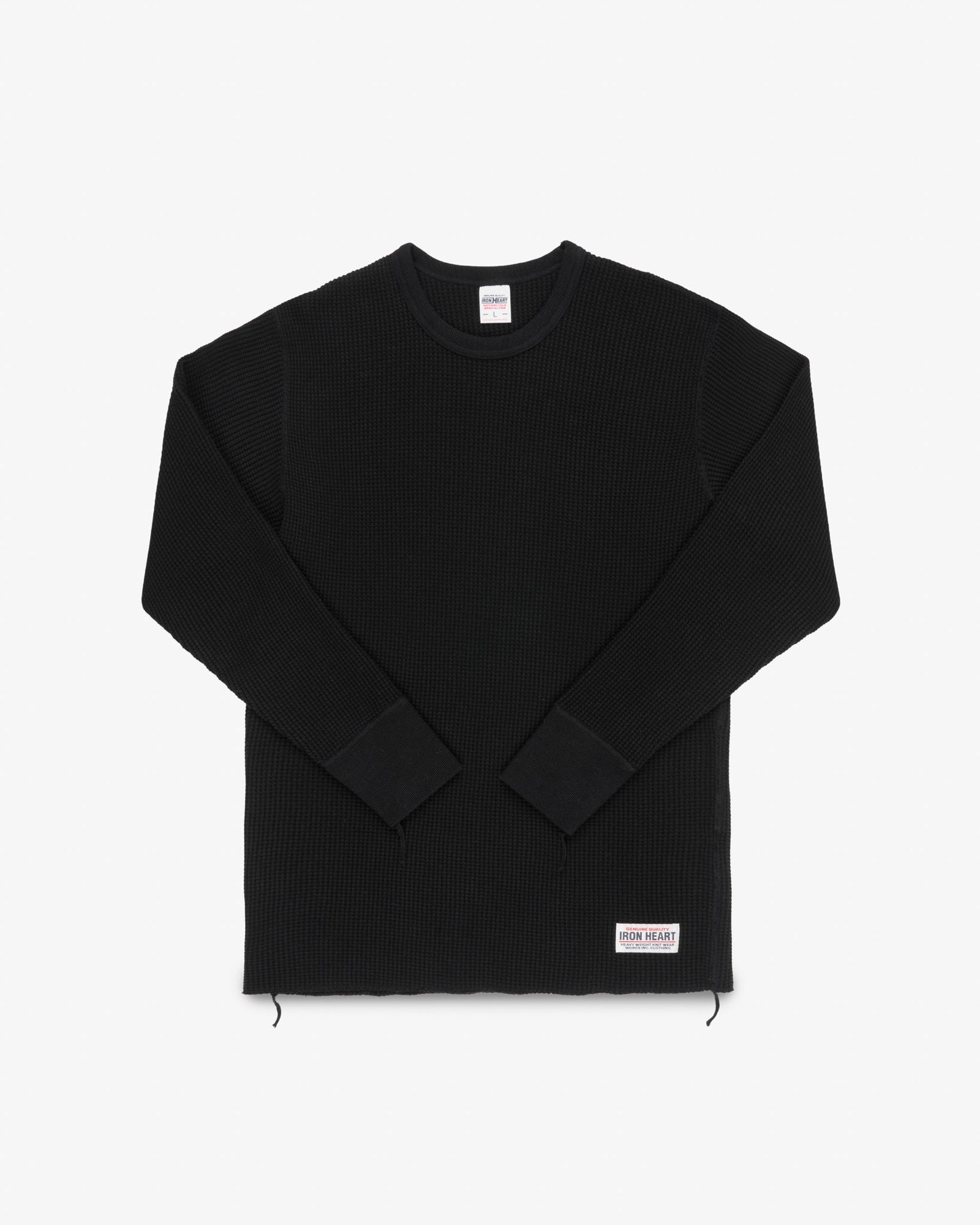 Waffle Knit Long Sleeved Crew Neck Thermal Top - Black