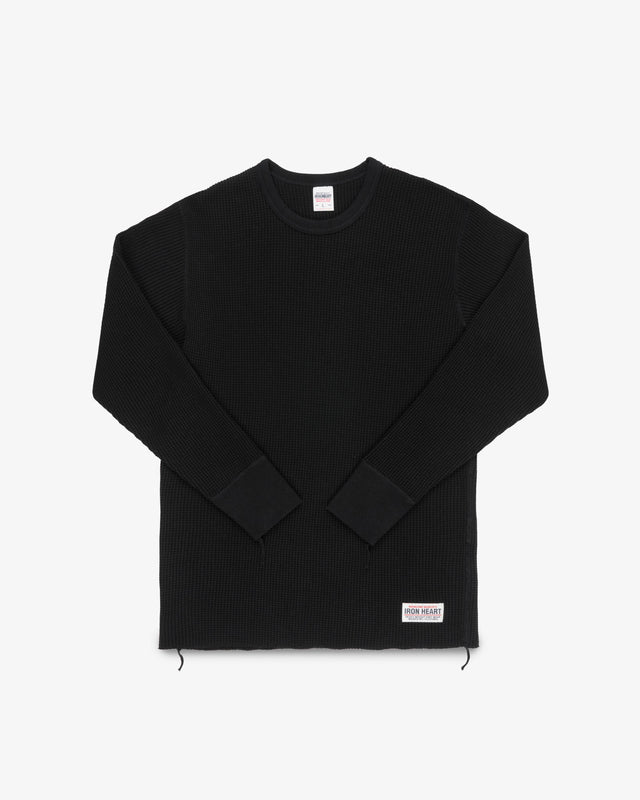 Waffle Knit Long Sleeved Crew Neck Thermal Top - Black