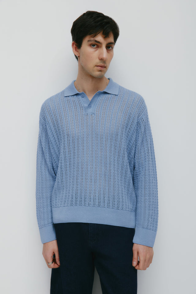 Men's Jadd Longsleeve Knit Polo in Deep Blue Aura