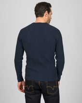 Waffle Knit Long Sleeved Crew Neck Thermal Top - Navy