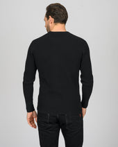 Waffle Knit Long Sleeved Crew Neck Thermal Top - Black