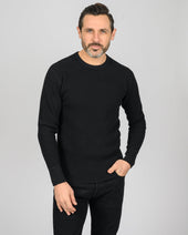 Waffle Knit Long Sleeved Crew Neck Thermal Top - Black