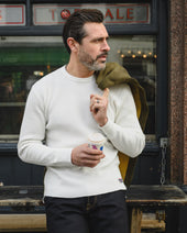 Waffle Knit Long Sleeved Crew Neck Thermal Top - White