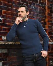 Waffle Knit Long Sleeved Crew Neck Thermal Top - Navy