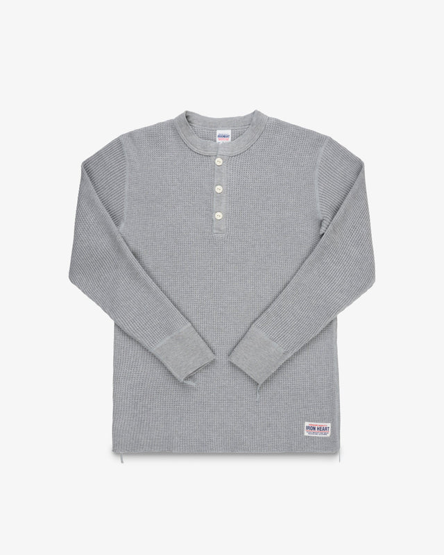 Waffle Knit Long Sleeved Thermal Henley - Grey