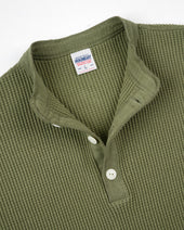Waffle Knit Long Sleeved Thermal Henley - Olive