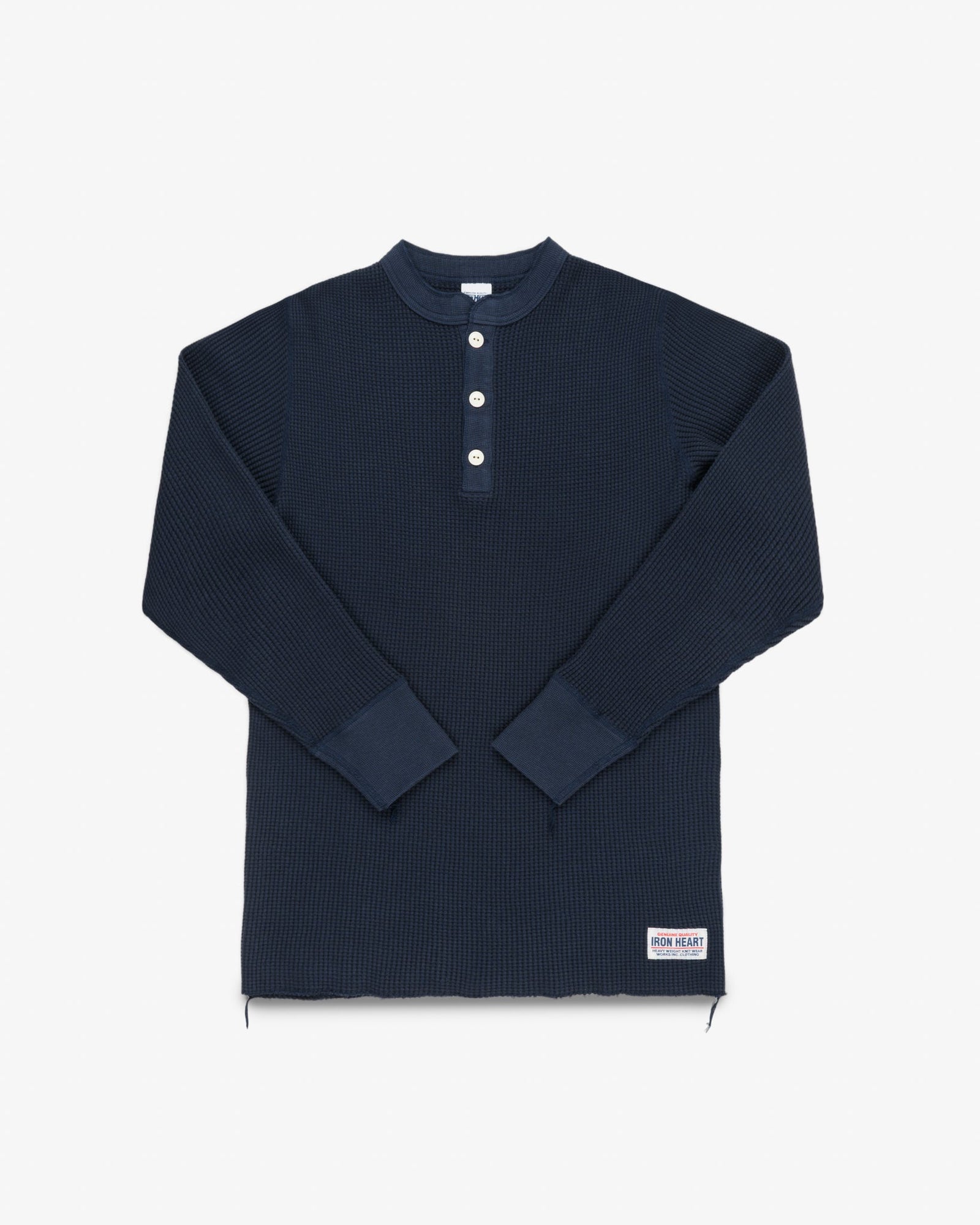 Waffle Knit Long Sleeved Thermal Henley - Navy