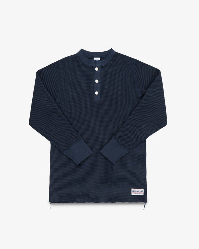 Waffle Knit Long Sleeved Thermal Henley - Navy