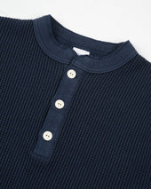 Waffle Knit Long Sleeved Thermal Henley - Navy