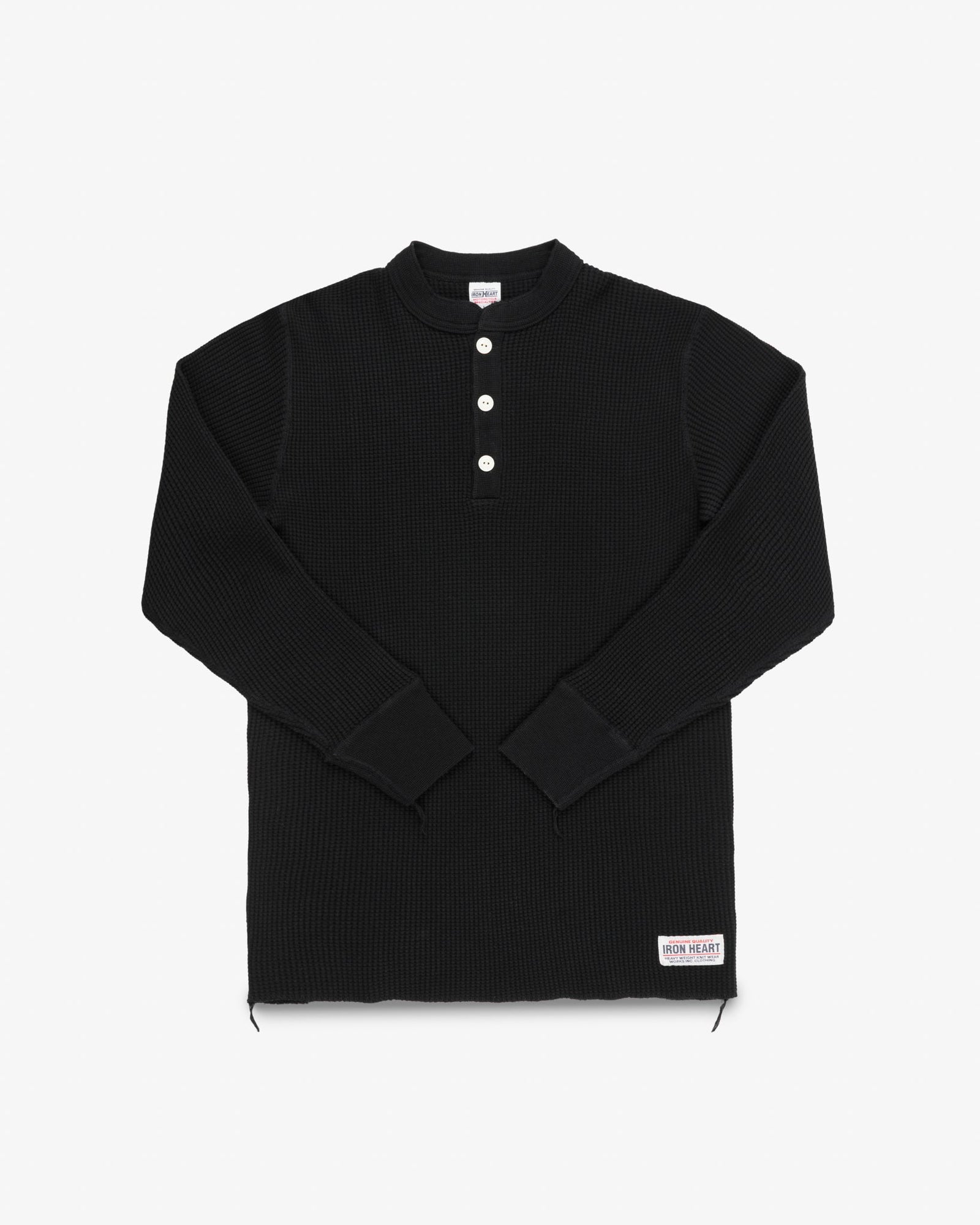 Waffle Knit Long Sleeved Thermal Henley - Black