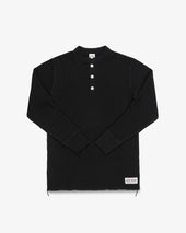 Waffle Knit Long Sleeved Thermal Henley - Black