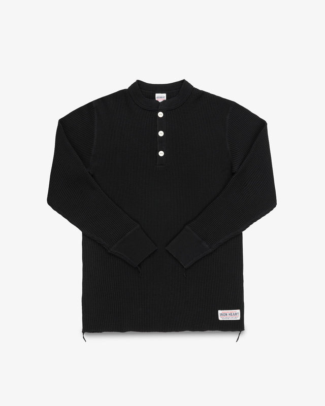 Waffle Knit Long Sleeved Thermal Henley - Black