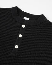 Waffle Knit Long Sleeved Thermal Henley - Black
