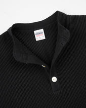 Waffle Knit Long Sleeved Thermal Henley - Black