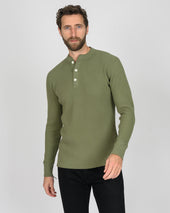 Waffle Knit Long Sleeved Thermal Henley - Olive