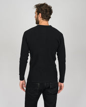 Waffle Knit Long Sleeved Thermal Henley - Black