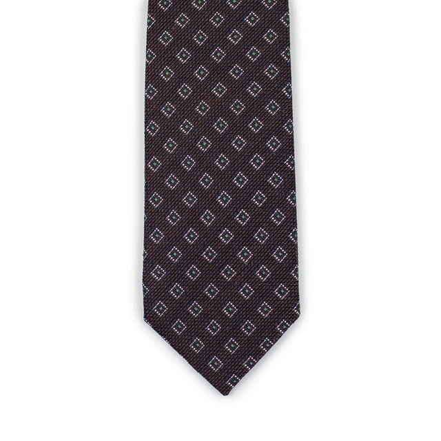 Brown basketweave silk and linen tie, white and olive square neat jacquard