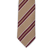 Tan linen and silk herringbone tie with burgundy and white printed stripes