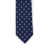 Navy woven silk tie, sky blue and silver neat medallion print