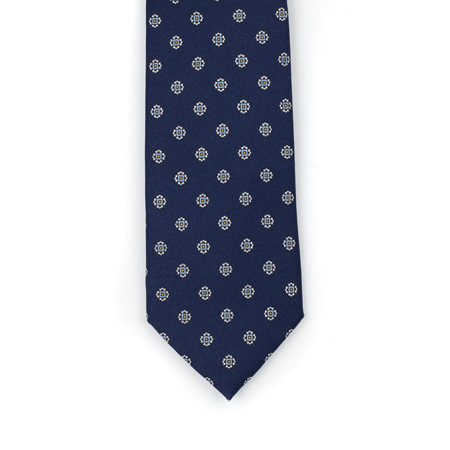 Navy woven silk tie, sky blue and silver neat medallion print